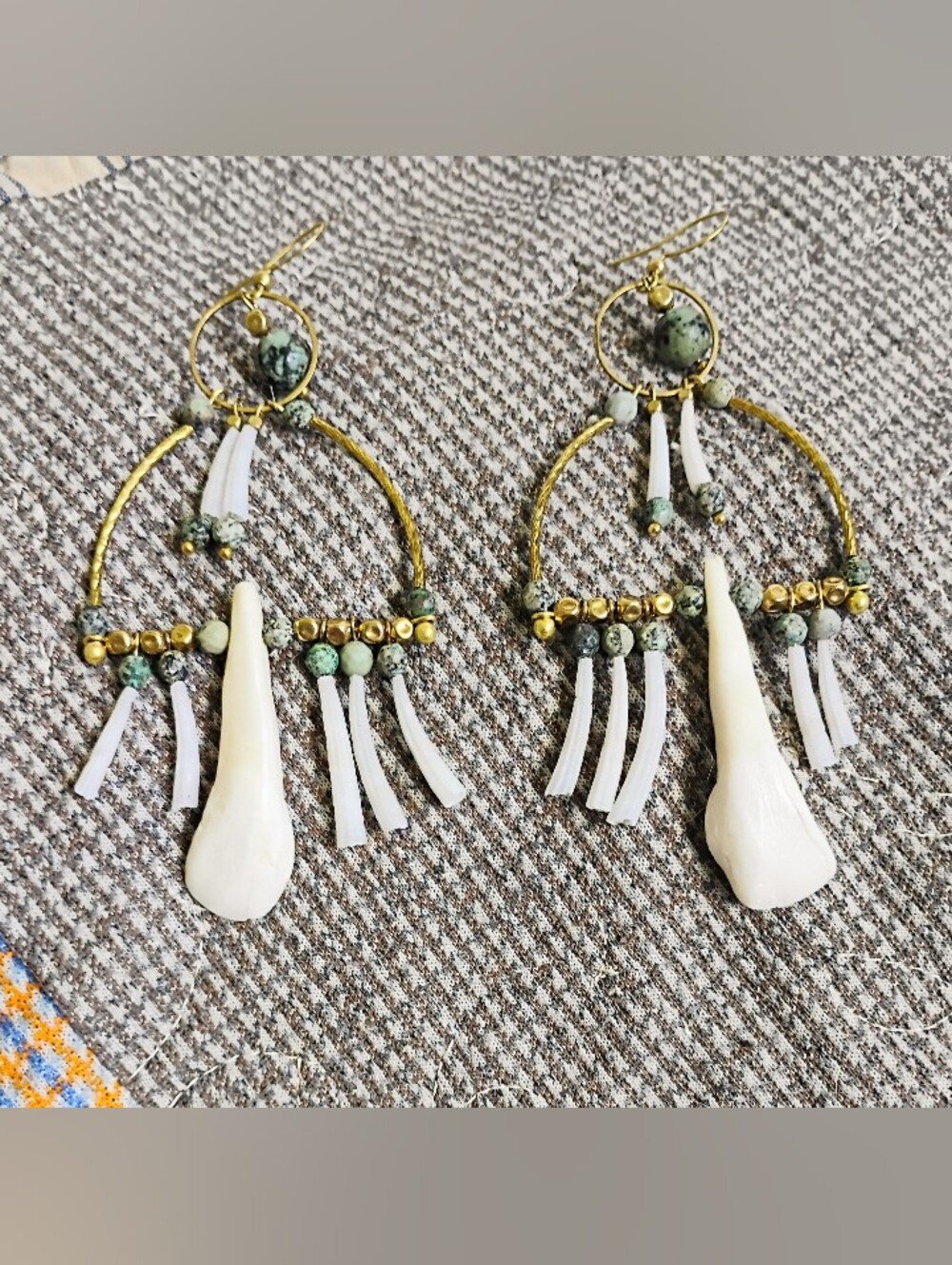 XXL Buffalo Tooth, Tusk Shell, And African Turquoise Chandelier Earrings - Picture 2 of 6
